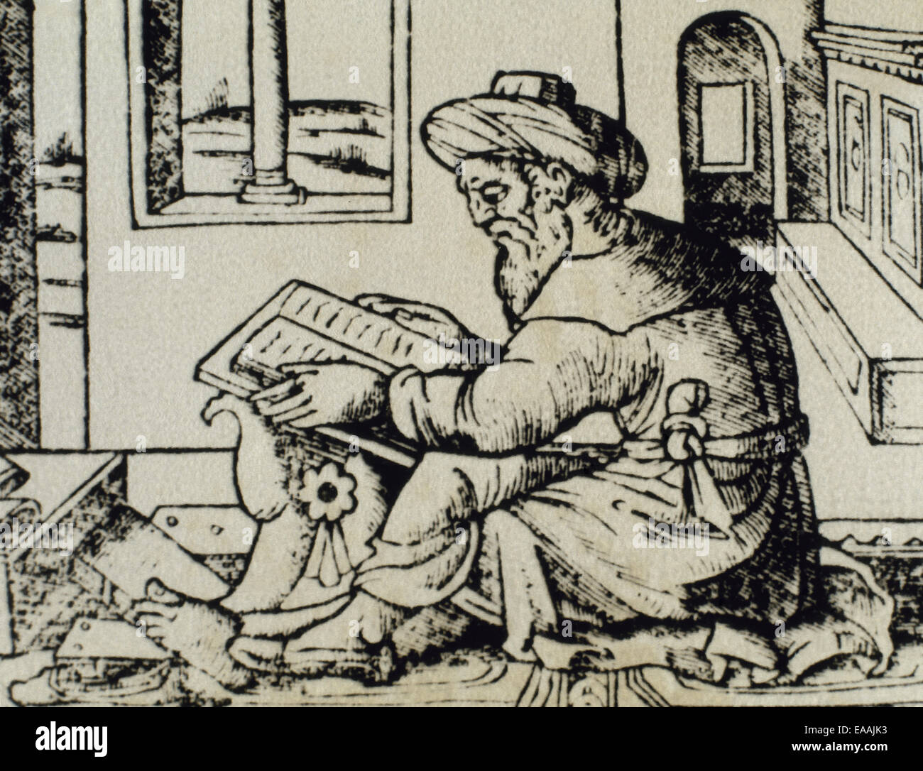 Averroes (1126-1198). Ibn Rushd. Mittelalterliche andalusischen muslimischer Universalgelehrter. Porträt. Averroes in seinem Atelier. Gravur. Stockfoto