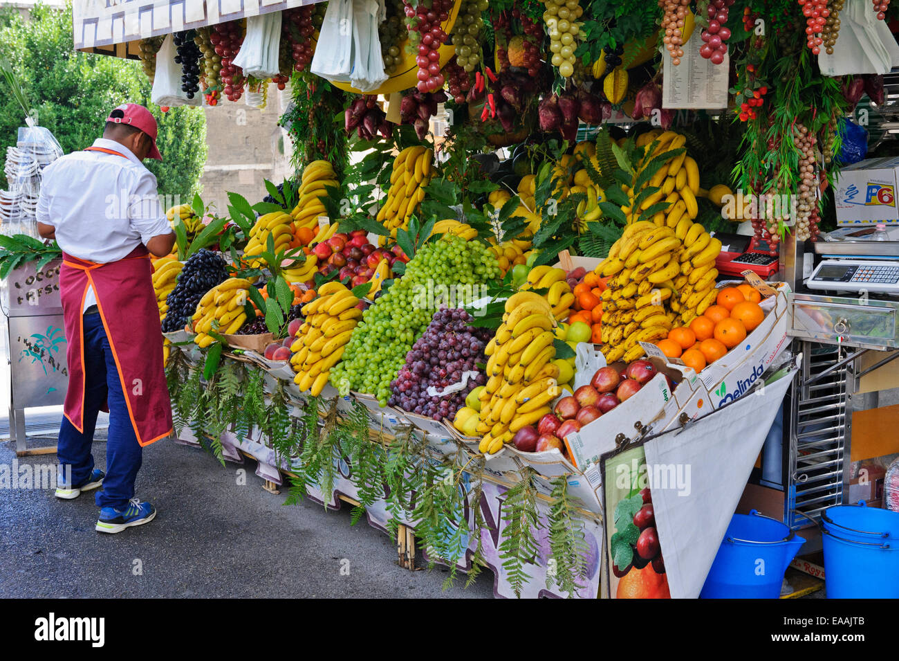 Frische tropische Früchte auf den Verkauf in einem kleinen outdoor-Markt in der Stadt von Rom, Italien. Stockfoto