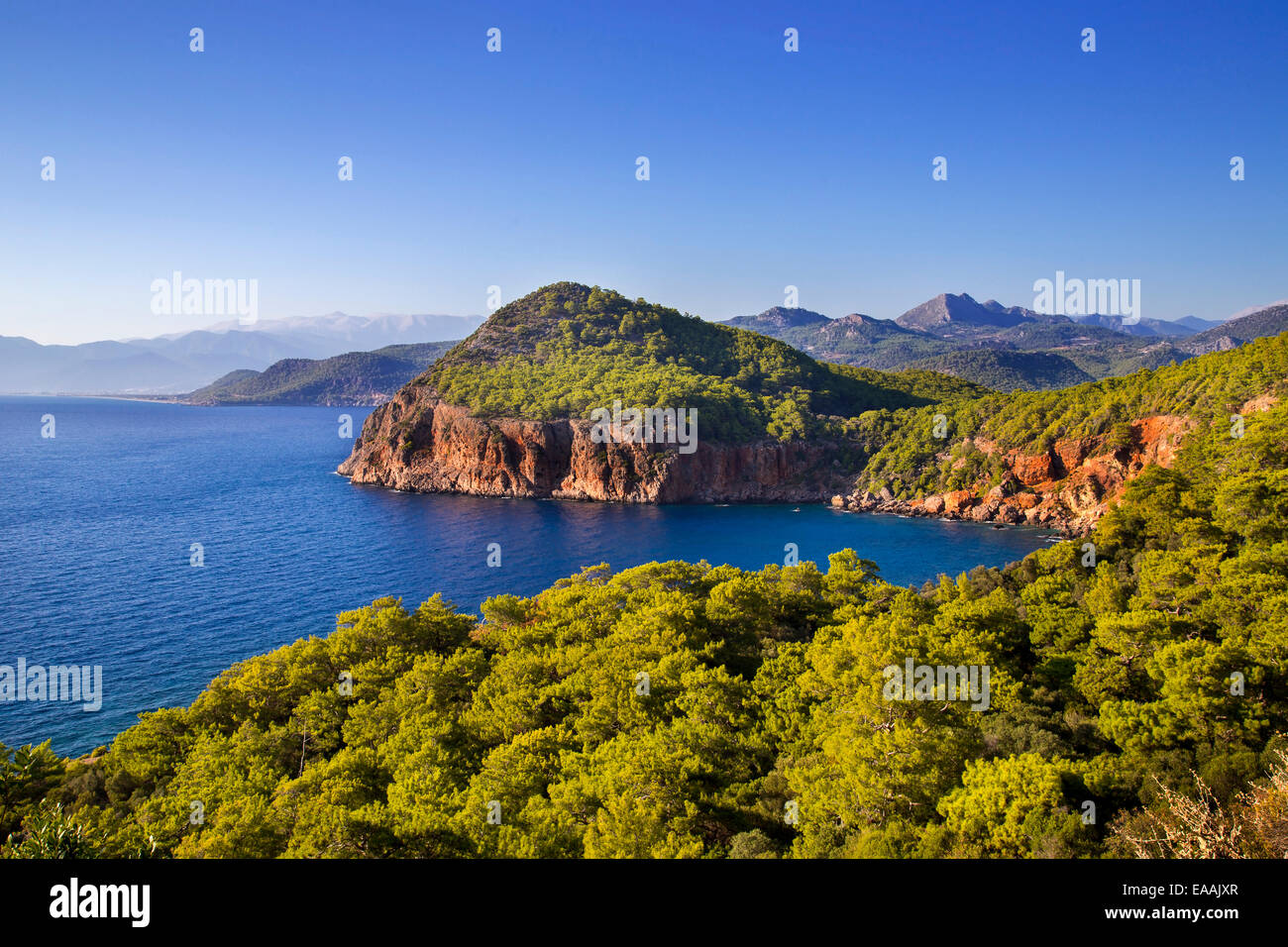 Blau und Grün am Meer Landschaft, Kumluca, Antalya, Türkei, 2014 Stockfoto