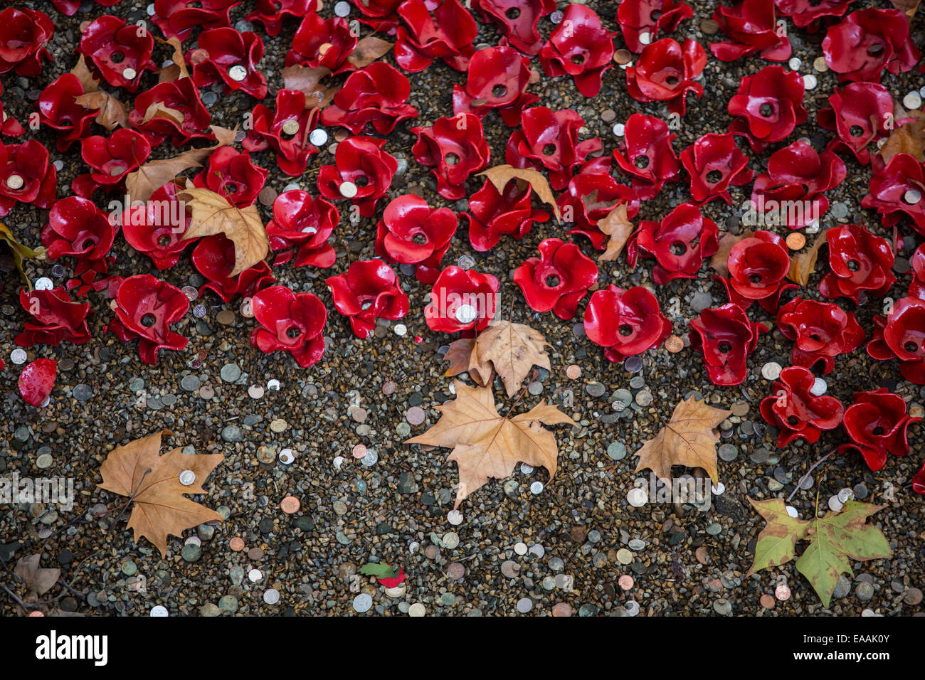 Tower von London Mohn Kunstinstallation namens Blut Mehrfrequenzdarstellung Länder und Meere von rot zu gedenken starb im ersten Weltkrieg. Stockfoto