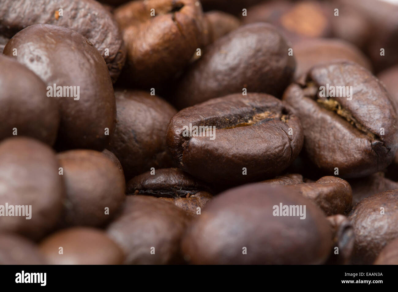 Nahaufnahme von einigen duftenden gebratenen Kaffeebohnen Stockfoto