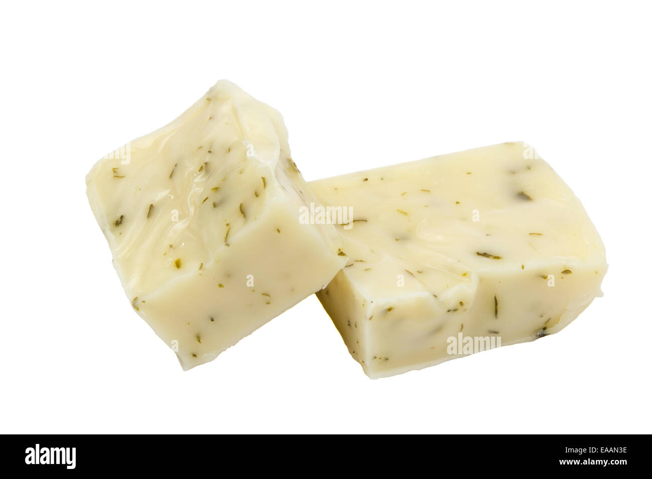 Käsewürfel isoliert auf weißem Hintergrund Stockfoto