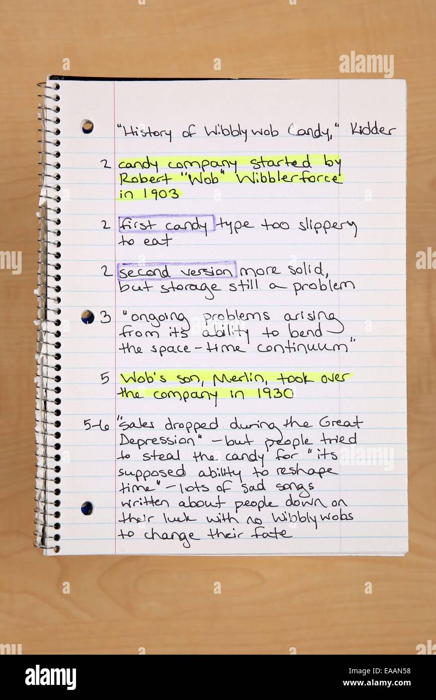 Notebook mit handschriftlichen Schule Noten für einen Bericht über eine historische Süßigkeiten Firma Spiralbindung Stockfoto