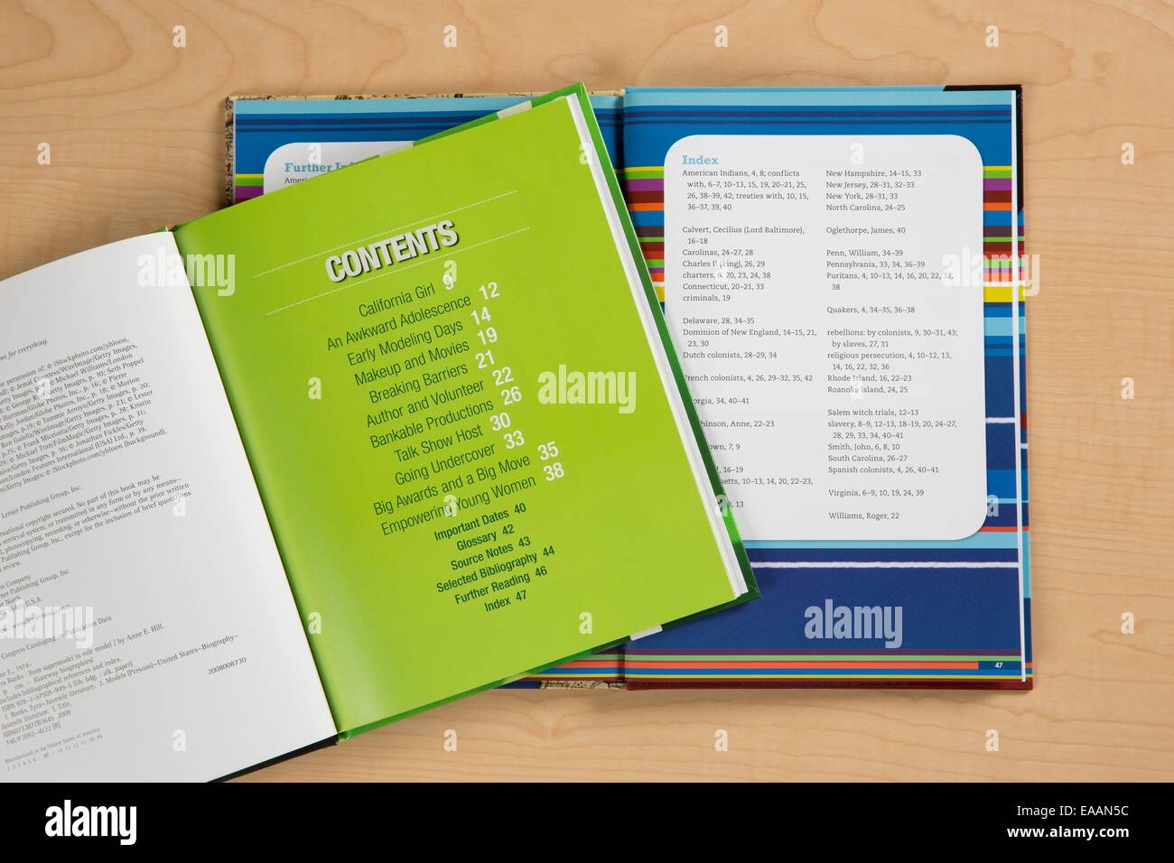 Zwei Lerner Verlagsgruppe Bücher zeigt eine Index und Inhaltsverzeichnis Stockfoto