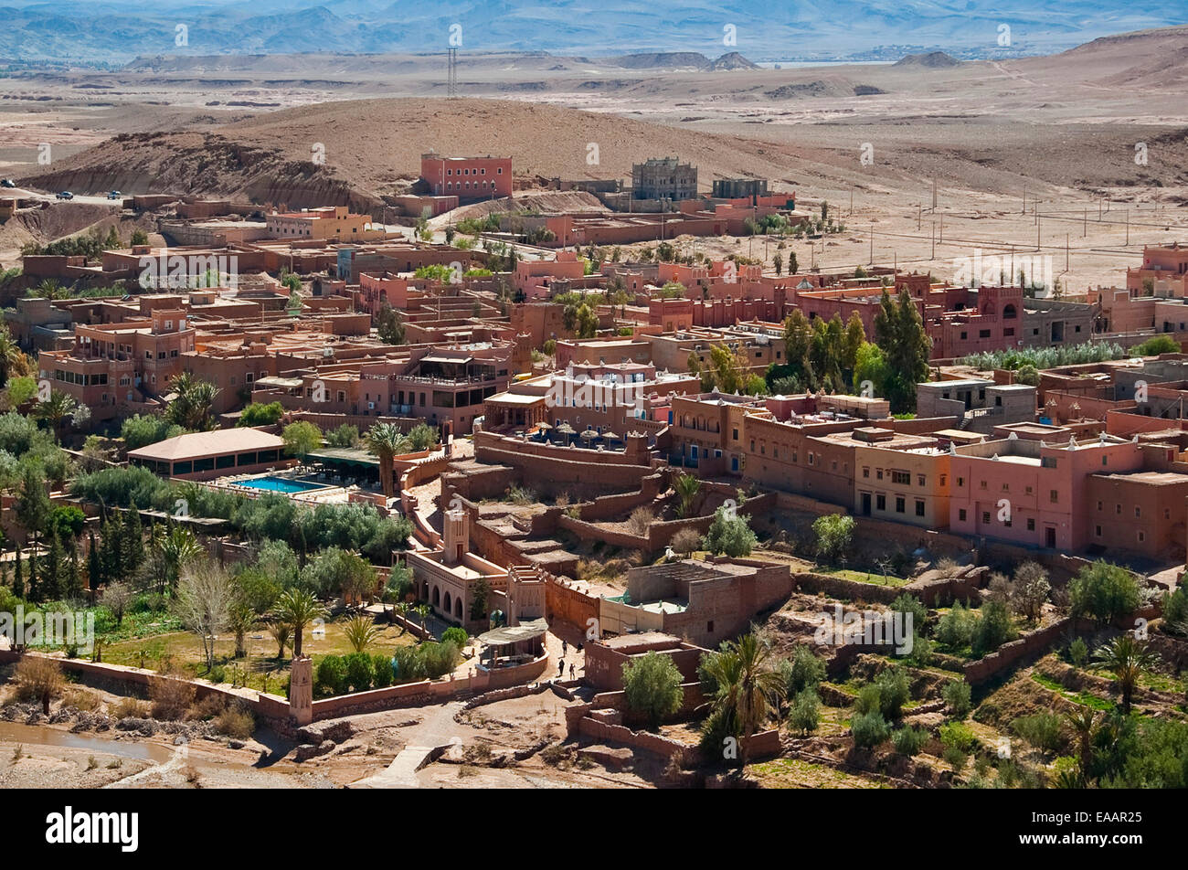 Horizontale Luftaufnahme von Ait Benhaddou Berberdorf in Marokko. Stockfoto