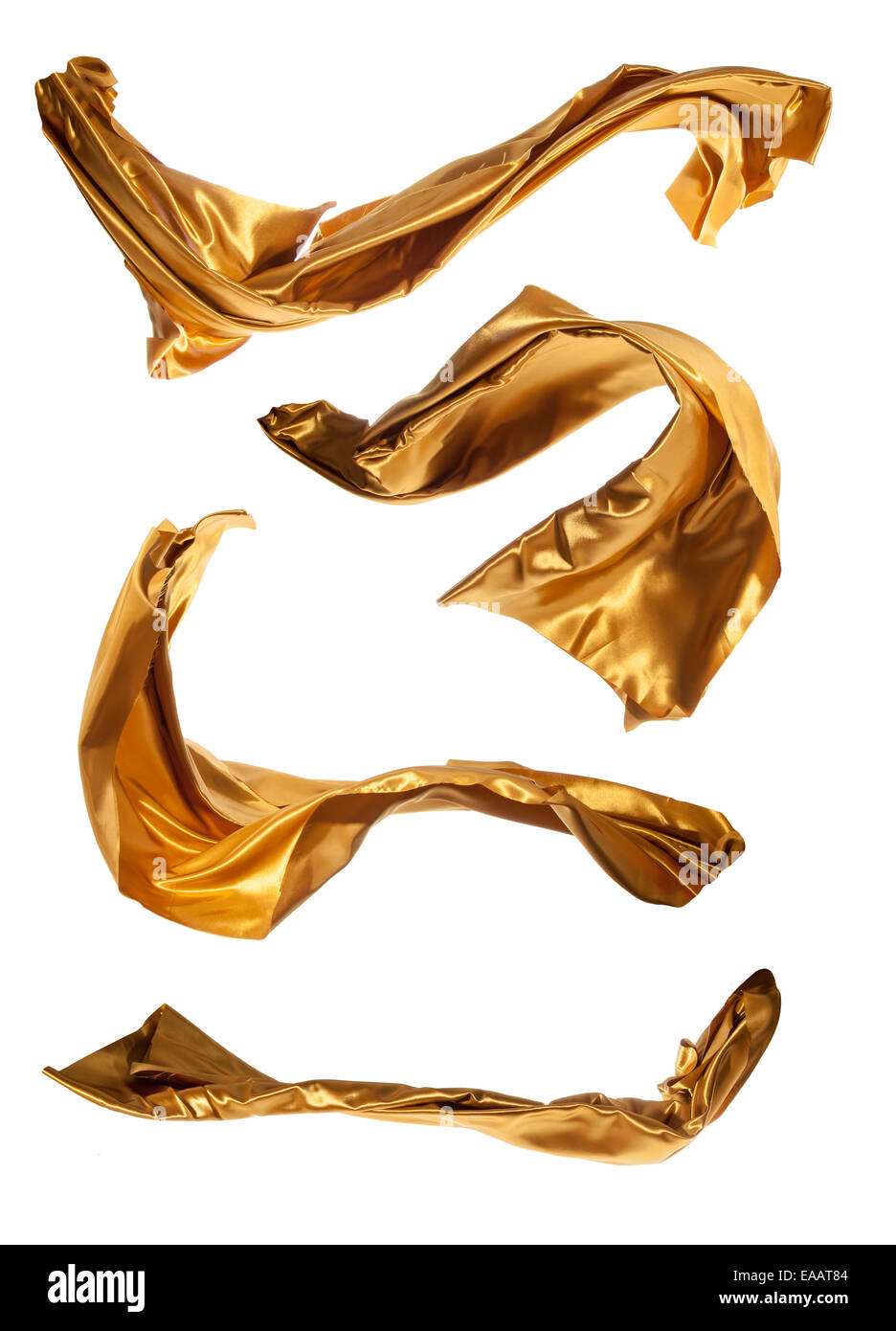 Vereinzelte Aufnahmen von frieren Bewegung von gold Satin, isoliert auf weißem Hintergrund Stockfoto