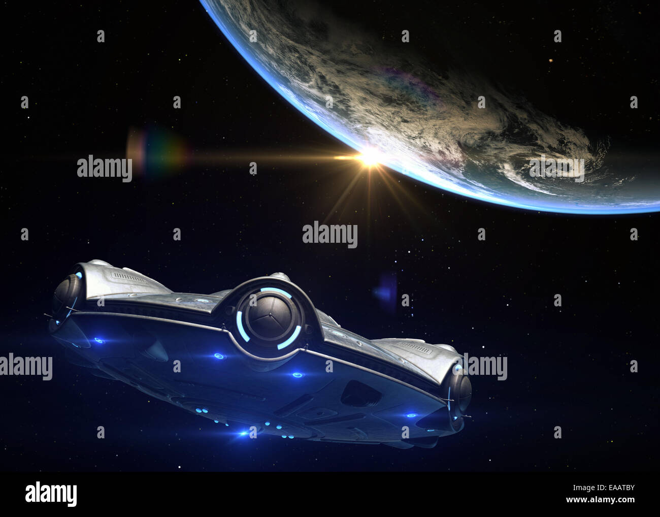 UFO in Richtung Erde Stockfoto