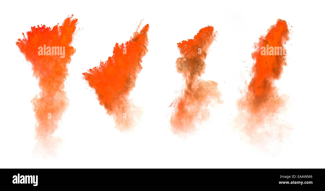 Einfrieren der Bewegung der farbigen Staubexplosion isoliert auf weißem Hintergrund Stockfoto