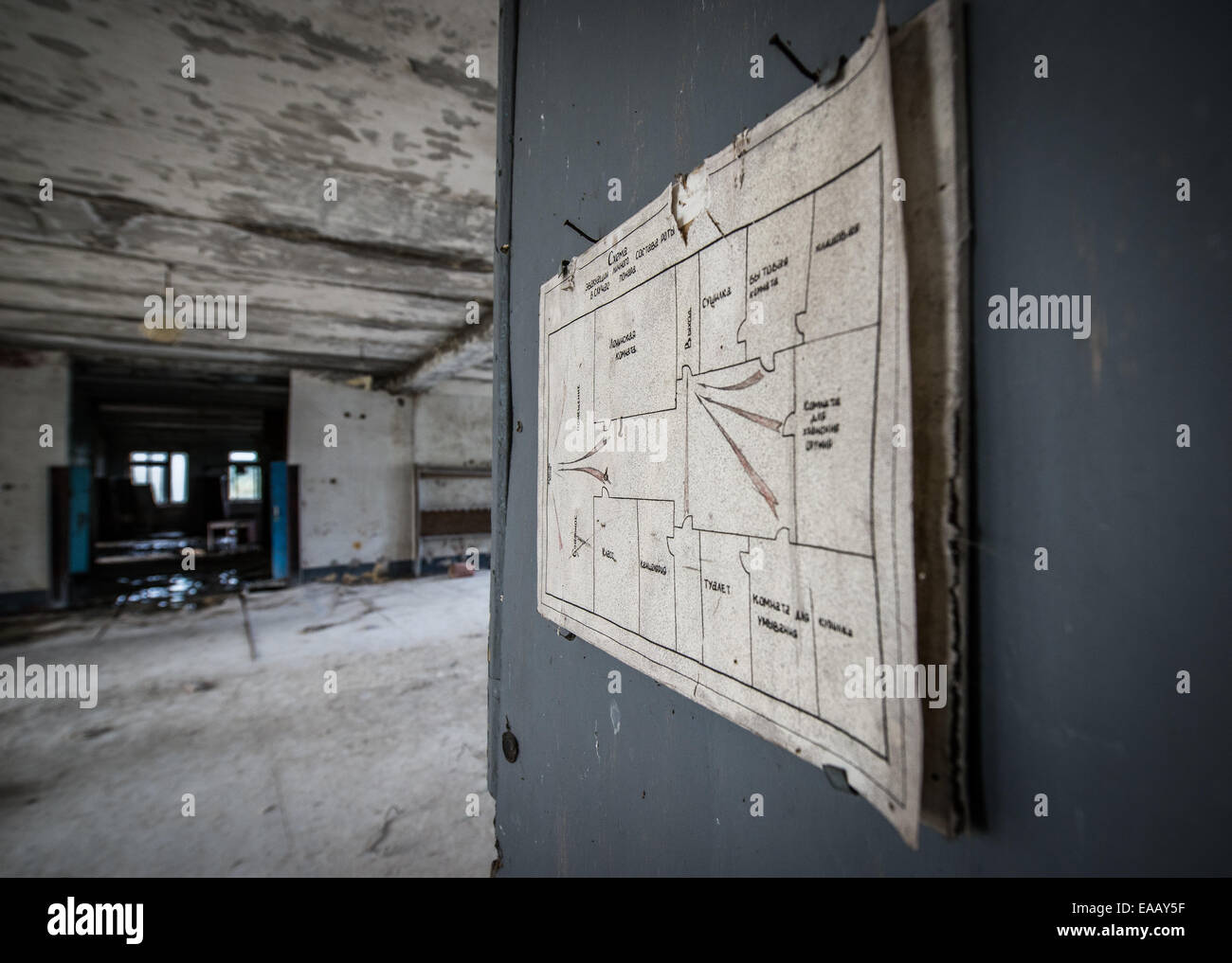 Evakuierung-Schema in Chernobyl-2 Militärbasis neben sowjetischen Duga
