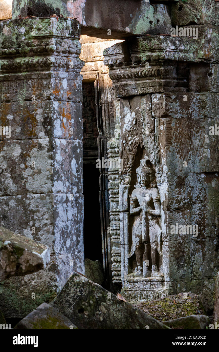 Kambodscha.  Ta Prohm Tempel Ruinen, 12.-13.. Jahrhundert.  Devatas (Gottheiten) zwischen den Ruinen. Stockfoto