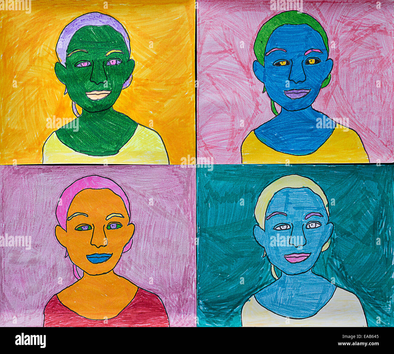 Des Kindes Kunstprojekt über Warhol. Stockfoto