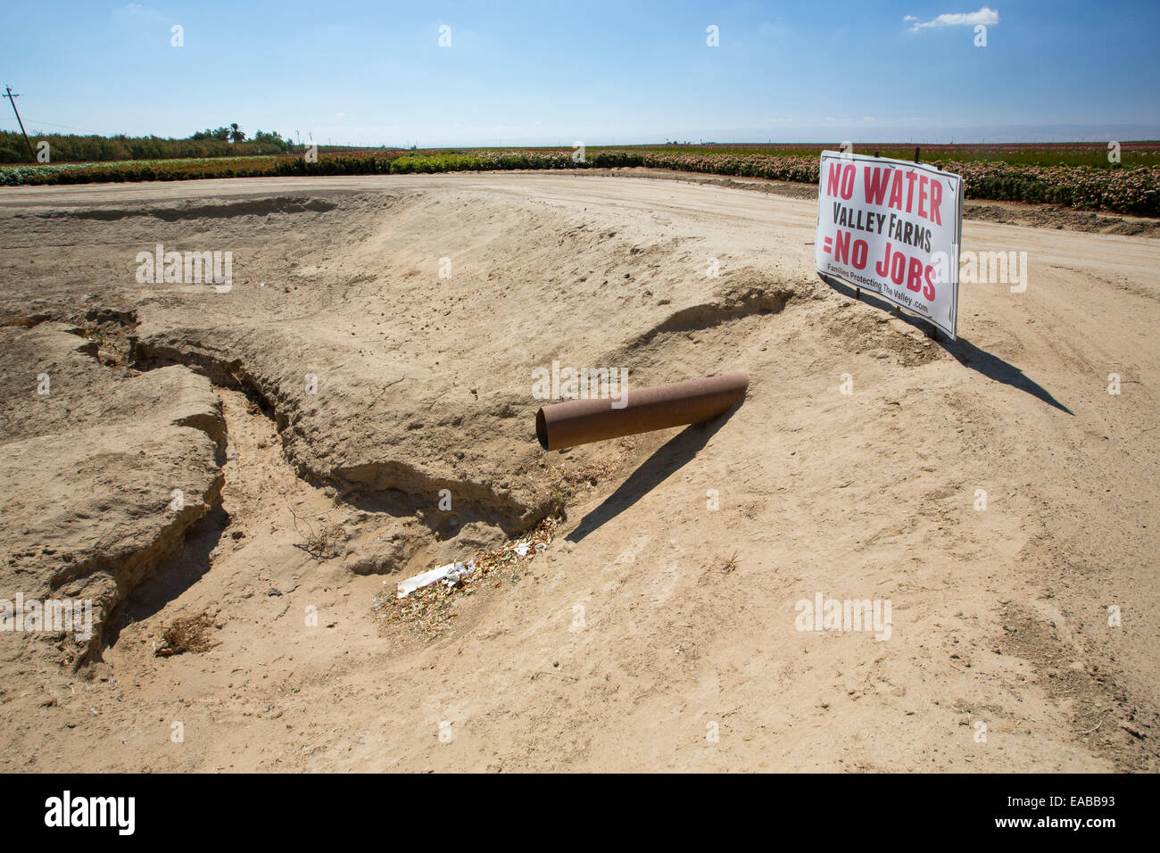 Ein Bauern-Zeichen über die Wasserkrise neben einer landwirtschaftlichen ausgetrocknet Wasserloch, folgende 4 Jahre lange Dürre, in der Nähe von Bakersfield im Central Valley, Kalifornien, USA, mit dem Boden in Staub verwandelt. Das ganze von Kalifornien ist in eine katastrophale Dürre mit $ 2,2 Milliarden jährlich verloren aus dem Agrarsektor mit viele Arbeiter entlassen. Ein Drittel der Kinder in Kalifornien gehen derzeit hungrig zu Bett. 428.000 Hektar Ackerland wurden aus der Produktion im Zentraltal aufgrund der Dürre. Stockfoto