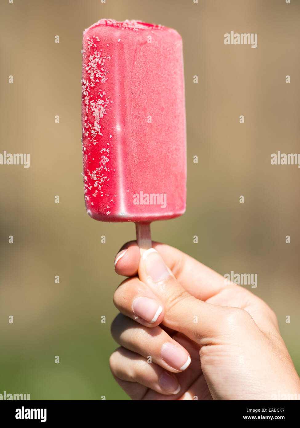 Mädchen-Hand mit Rosa Eis auf Stick Stockfoto