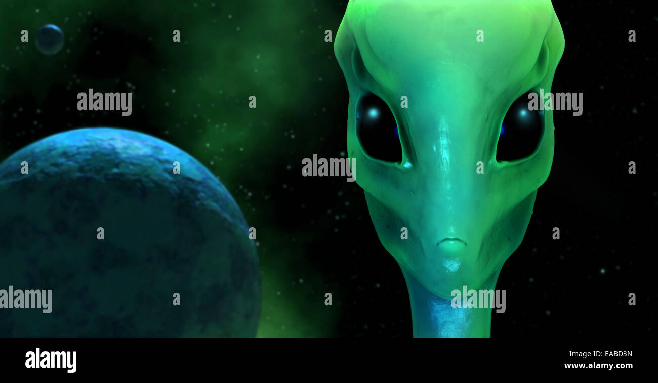 3D Rendering eines grünen Aliens mit Planeten und Galaxien Hintergrund, Sci-Fi-Abbildung Stockfoto