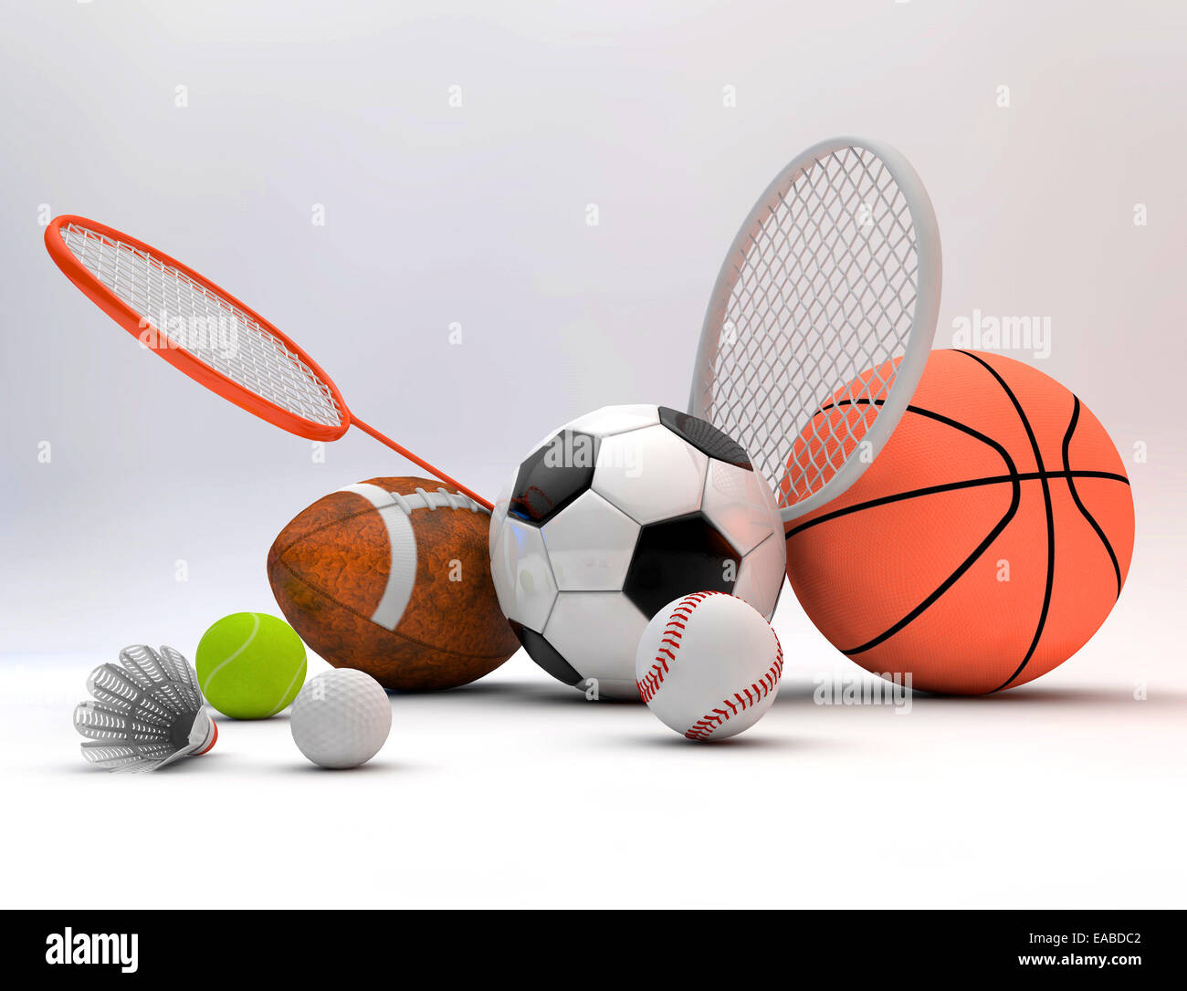 Verschiedene Sportgeräte wie Basketball, Fußball, Tennisball, Baseball,  Tennisschläger, Fußball, Birdie, badminton Stockfotografie - Alamy