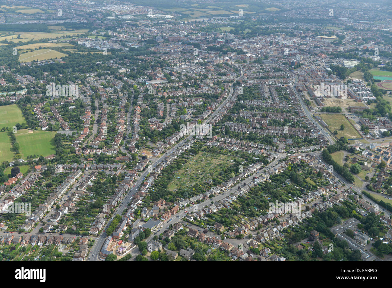 Eine Luftaufnahme von Süden in Richtung Zentrum von Colchester in Essex, erfasst die älteste Stadt in Großbritannien Stockfoto