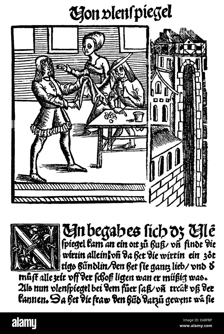 Historischen drucken mittelniederdeutschen Leute buchen Eulenspiegel von 1511, Hauptfigur ist Till Eulenspiegel oder Dyl Ulenspegel, tric Stockfoto