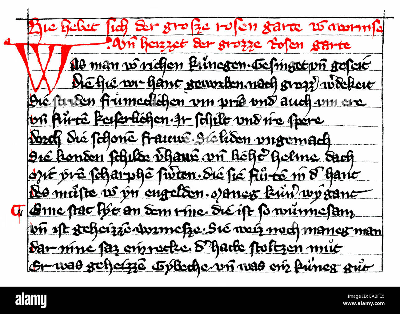 Historischen Manuskript, der große Rosengarten von Würmern, mittelhochdeutschen Epos, das Lied der Nibelungen, Nibelungen und sterben Stockfoto