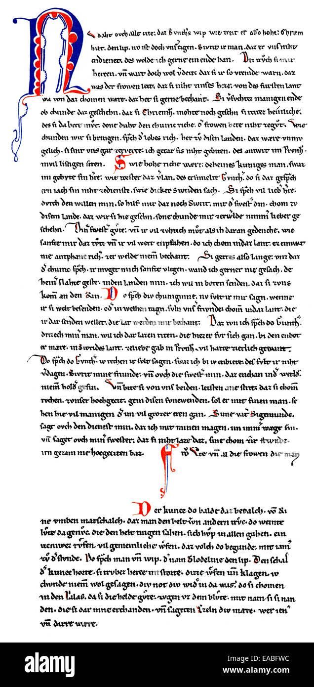 Historischen Manuskript, Nibelungen-Handschrift, Donaueschingen Manuskript Nibelungensaga, 13. Jahrhundert, Handschrift, sterben Donaues Stockfoto
