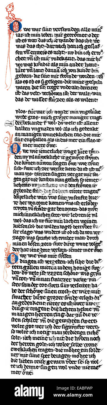 Historischen Druck, Manuskript, mittelhochdeutschen Text: "Owe War Sint Verswunden", Strophen von Walther von der Vogelweide, c. 1170-1 Stockfoto