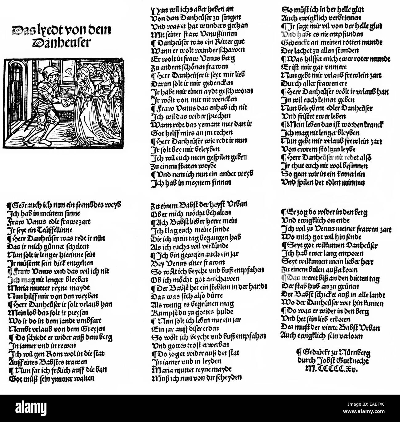Historischen print, historischen Kupferstich, Holzschnitt von 1515, Deckel und fünf Seiten des Tannhäuser, Volksballade oder Volkslied, gedruckt b Stockfoto