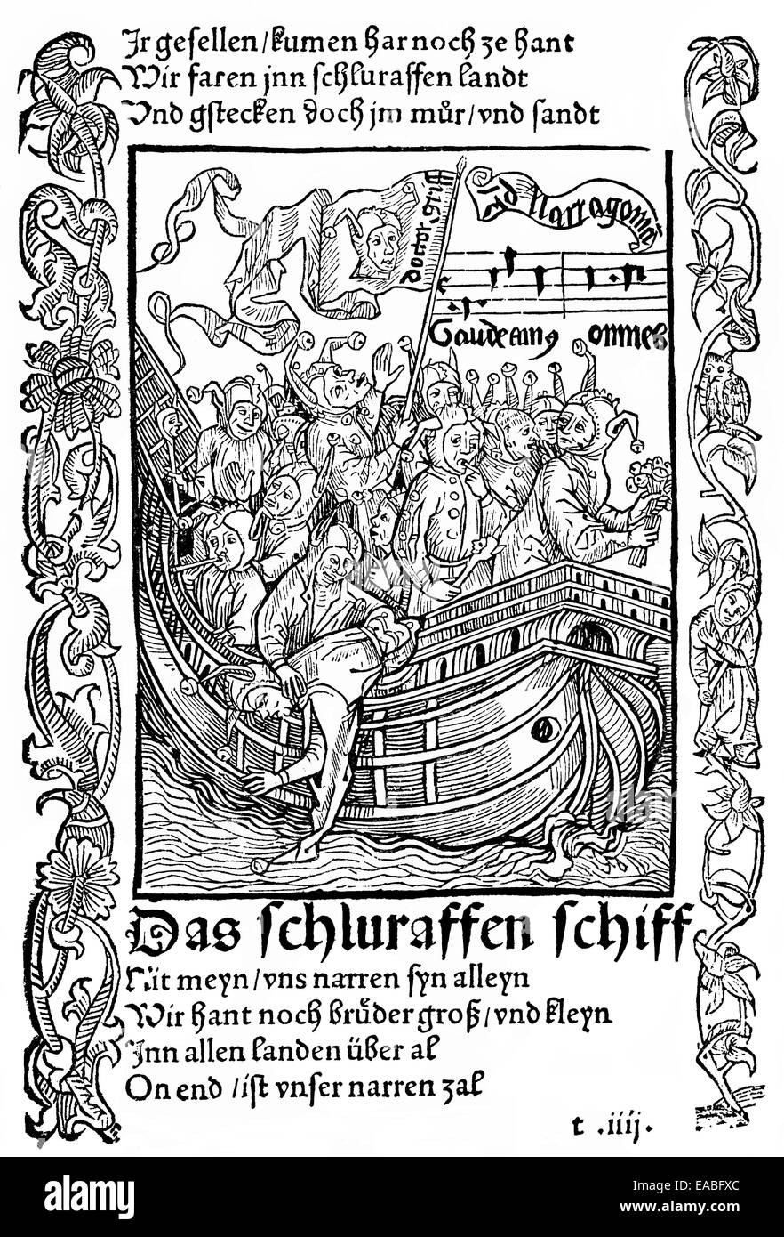 Historische Seite drucken, aus dem Narrenschiff, Narrenschiff von Sebastian Brant, 1457 oder 1458-1521, Holzschnitt, historische Gravur Stockfoto