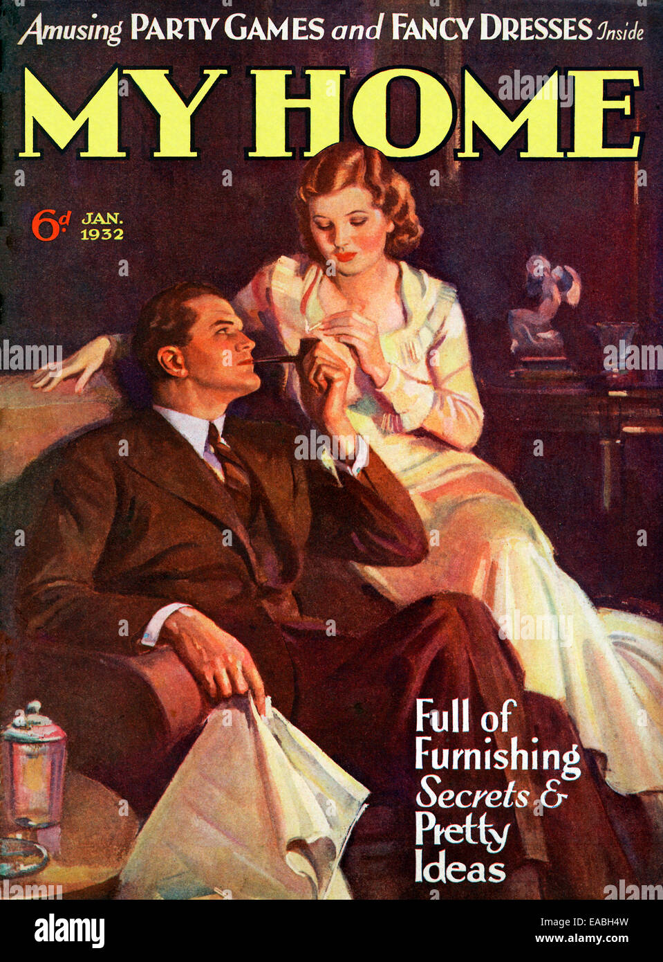 Meine Heimat, Pfeifenrauchen, 1932-Cover von den Engländern nach Hause und Lifestyle-Magazin für die neue Vorstadt Mittelschicht, die Dame Lichter ihre Ehemänner abends Rohr Stockfoto