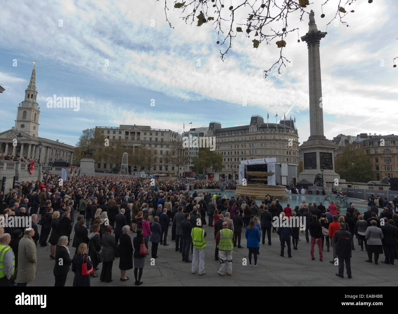 London, UK. 11. November 2014. Große Menschenmengen versammelten sich im Londoner Trafalgar Square für die traditionellen zwei Minuten Stille am Tag des Waffenstillstands. Bildnachweis: Nick Savage/Alamy Live-Nachrichten Stockfoto