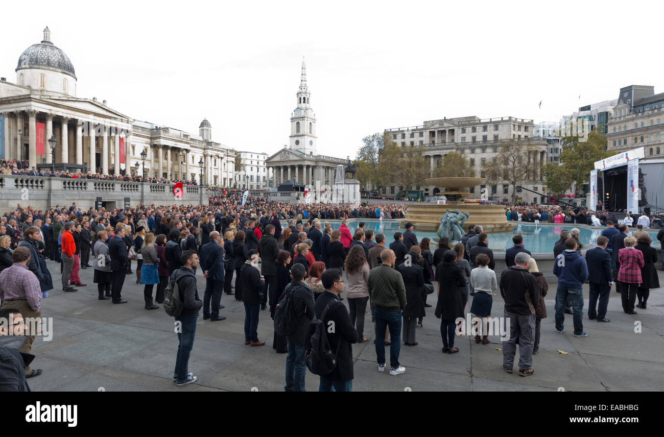 London, UK. 11. November 2014. Große Menschenmengen versammelten sich im Londoner Trafalgar Square für die traditionellen zwei Minuten Stille am Tag des Waffenstillstands. Bildnachweis: Nick Savage/Alamy Live-Nachrichten Stockfoto