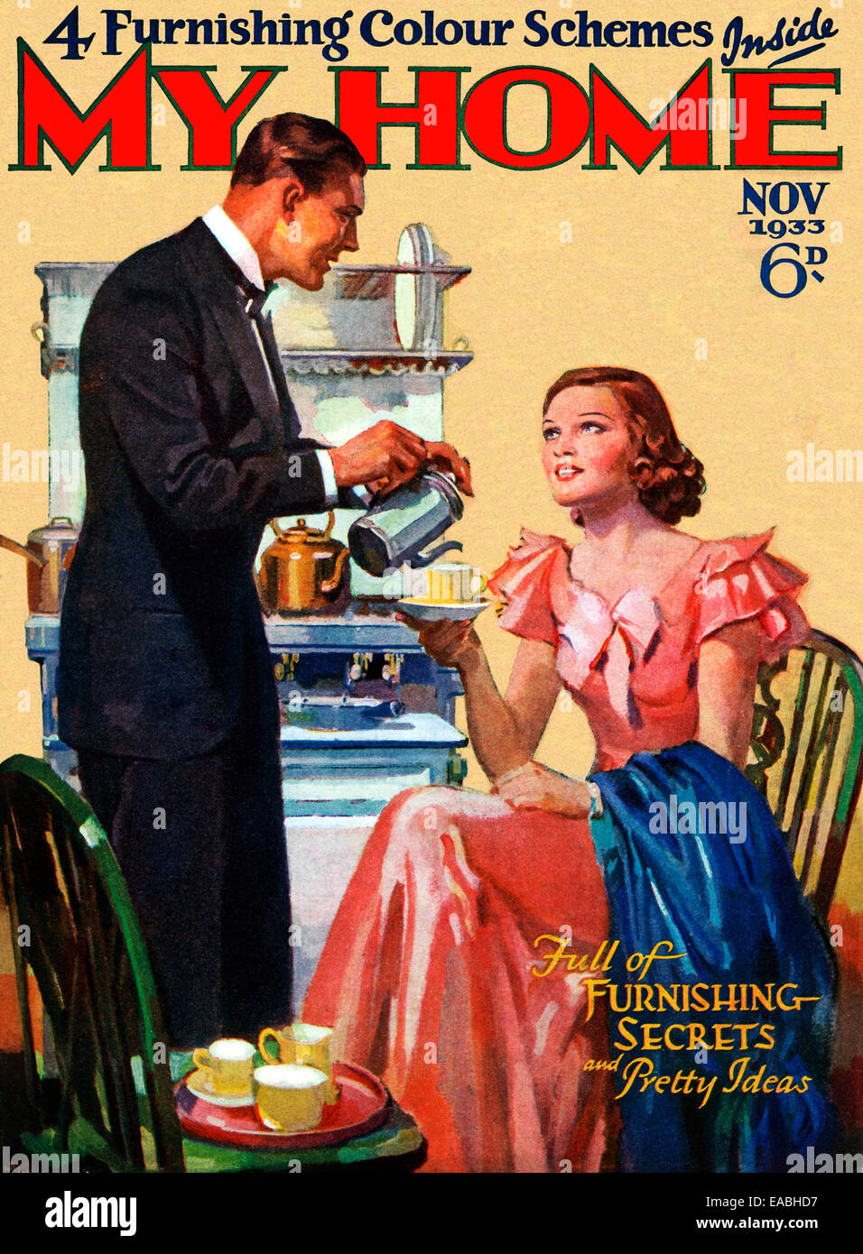 Mein Haus, Kaffee, 1933 Abdeckung der englischen Heimat und Lifestyle-Magazin für die neue Vorstadt Mittelschicht in der Küche nach dem Abendessen Stockfoto