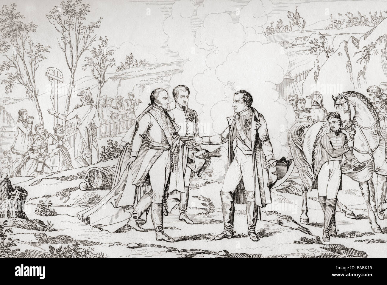 Treffen zwischen Napoleon I und Francis II von Österreich, 1805.  Napoleon Bonaparte, 1769-1821. Stockfoto