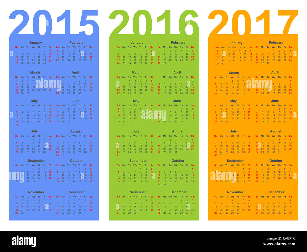 Einfache Kalender 2015, 2016, 2017 Stockfoto
