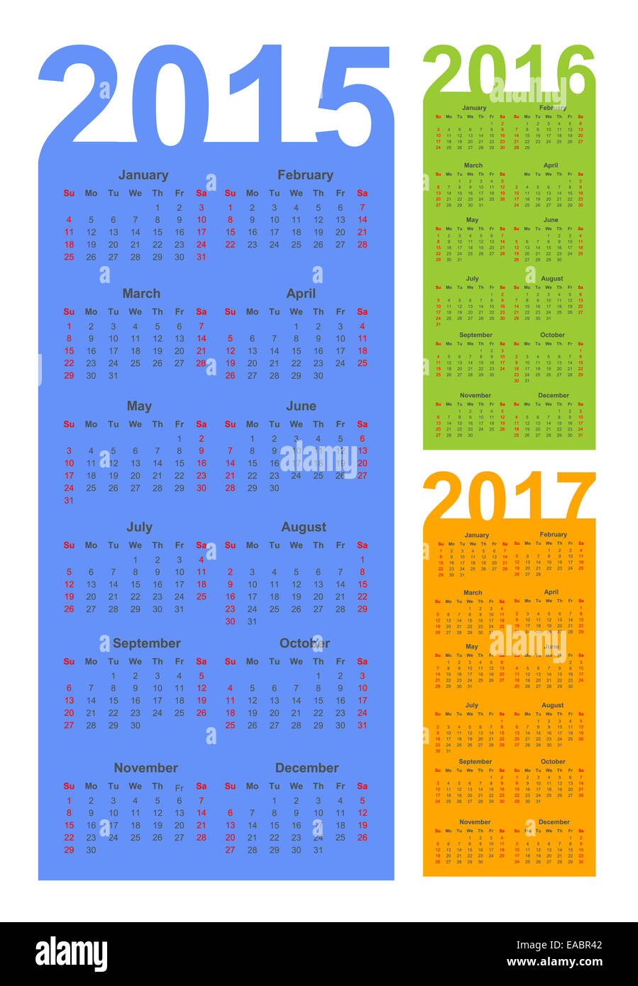 Einfache Kalender 2015, 2016, 2017 Stockfoto