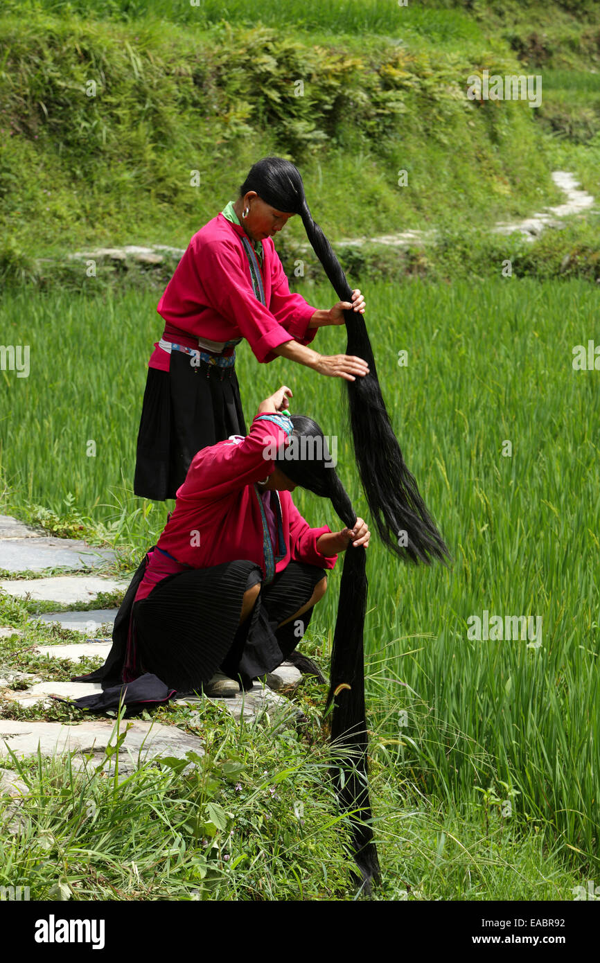 China-Guangxi Ping'an Yao Frauen ihre lange Haare flechten Stockfotografie  - Alamy
