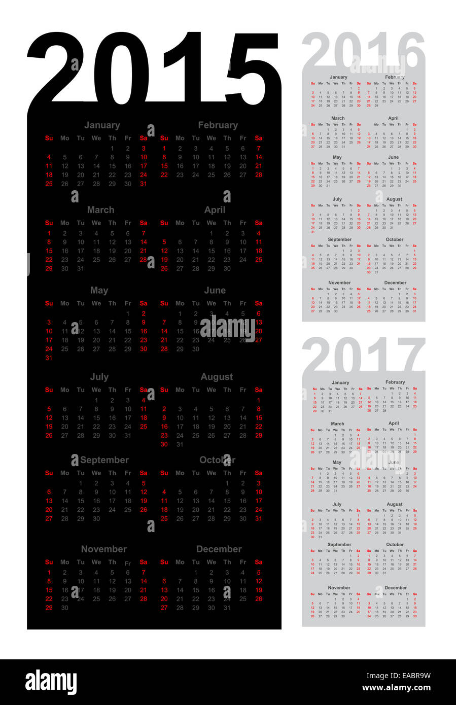 Einfache Kalender 2015, 2016, 2017 Stockfoto