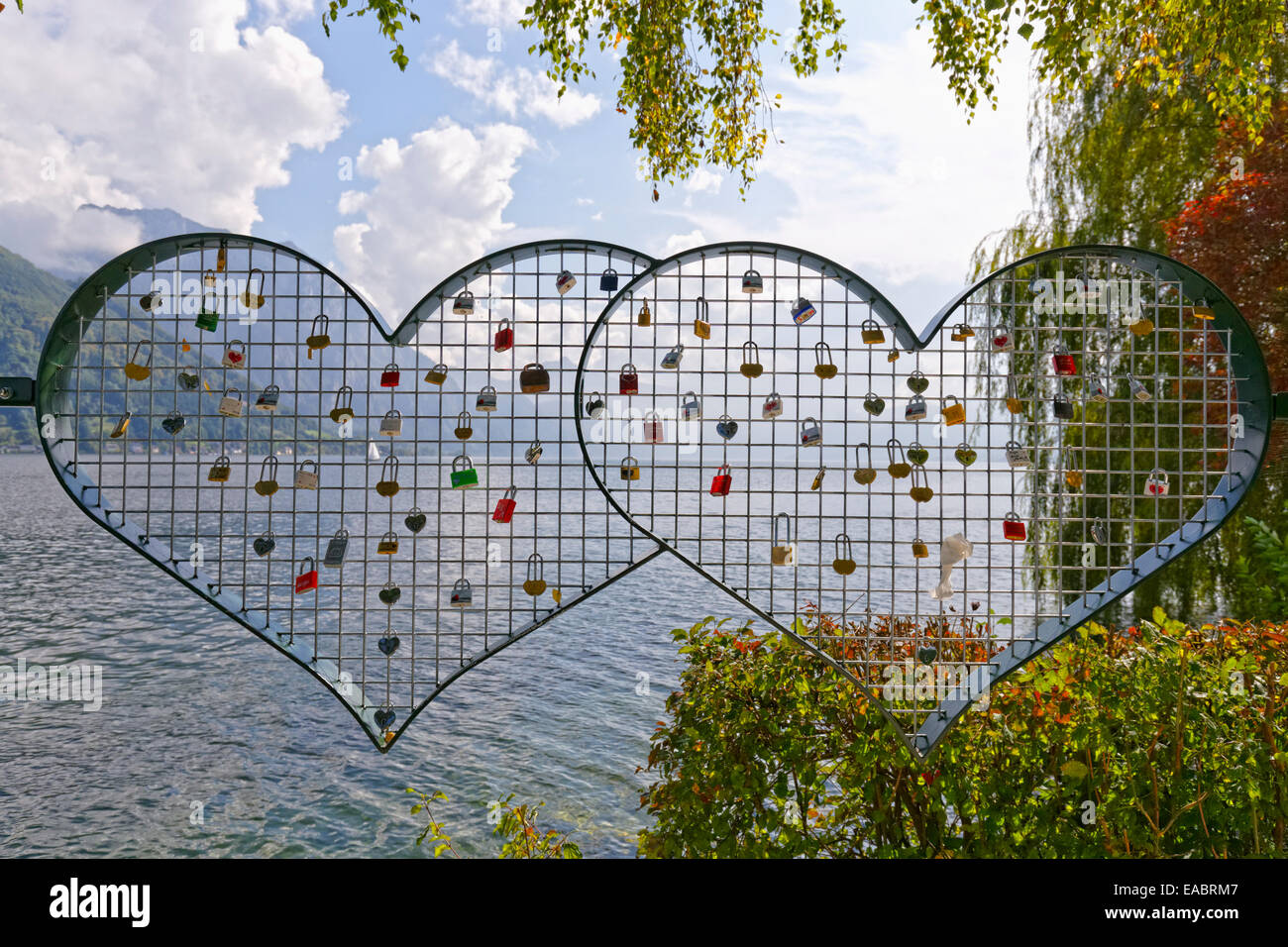 Österreich oberen Österreich Salzkammergut See Traunsee Gmunden Liebe Vorhängeschlösser Stockfoto