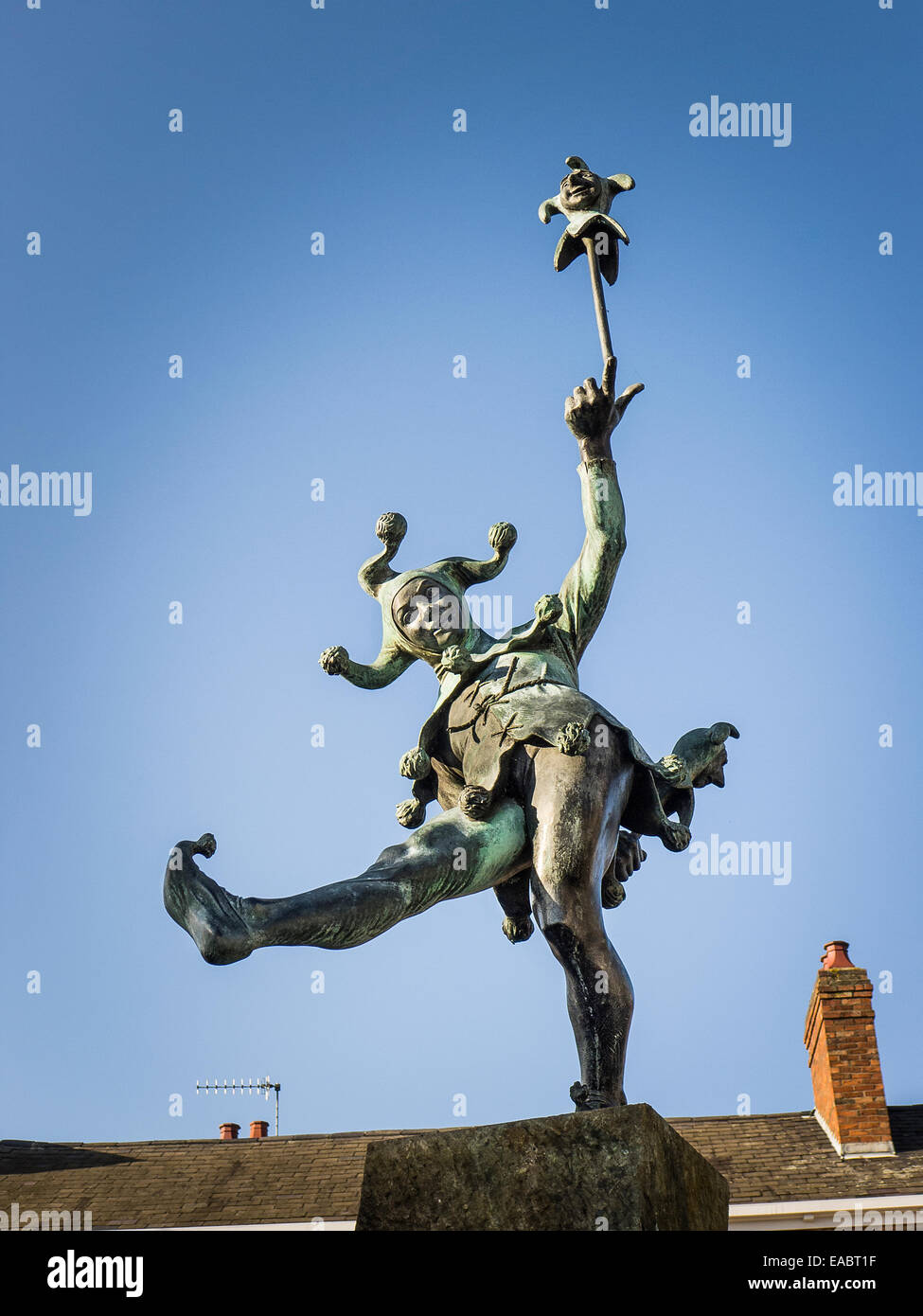 Shakespeare Jester-Statue im Strafford auf Avon UK Stockfoto