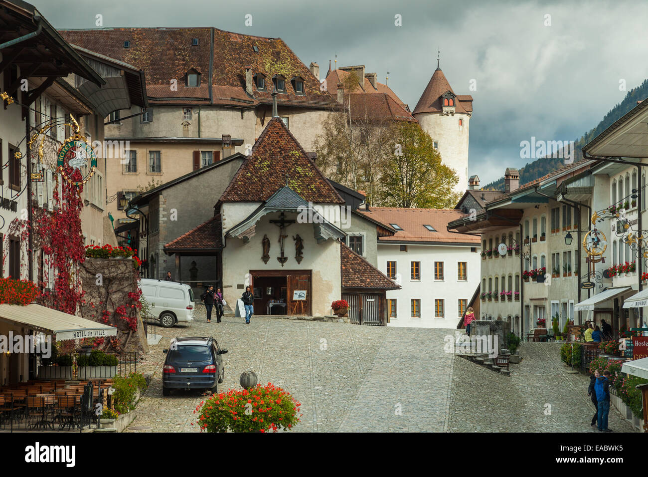 Nachmittag in Gruyères, Kanton Freiburg, Schweiz Stockfoto