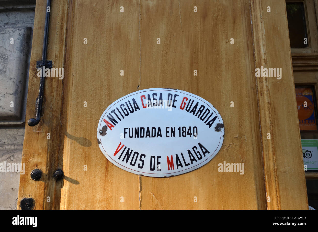 Melden von bar alte Taverne Antigua Casa de Guardia oder Casa Flores älteste Bodega in Malaga, Andalusien, Spanien. Stockfoto