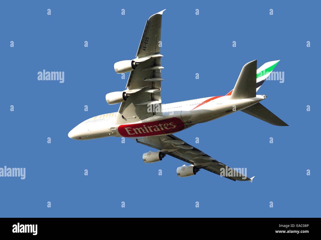Emirates Airbus A380 abheben von Heathrow Airport, Hounslow, Greater London, England, Vereinigtes Königreich Stockfoto