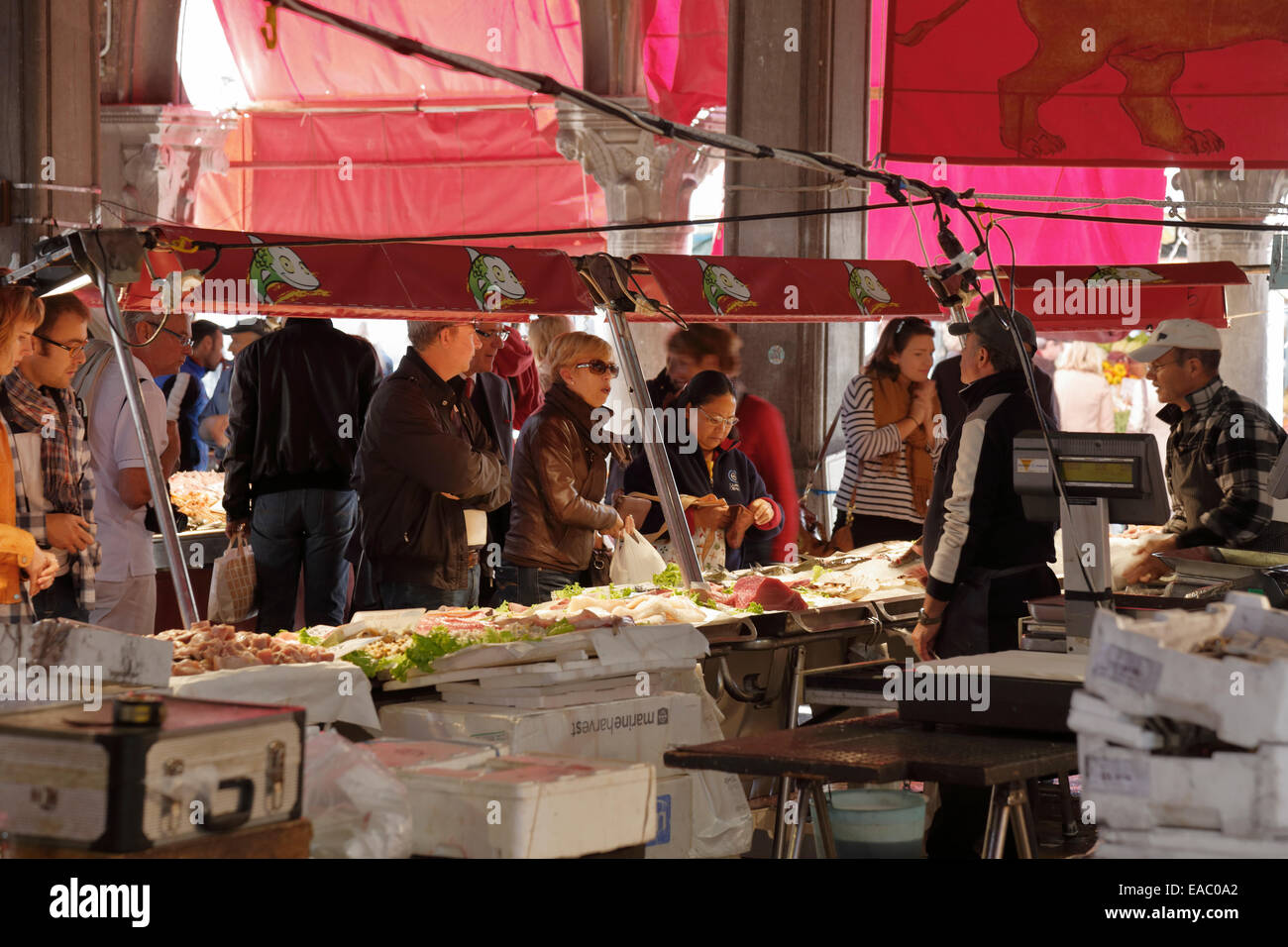 Kunden und Händler auf dem Rialto Fischmarkt in Venedig, Italien. Stockfoto