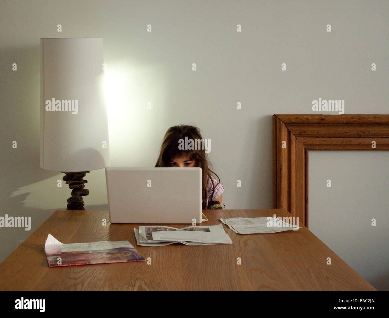 junges Mädchen auf einem Laptop zu Hause arbeiten Stockfoto