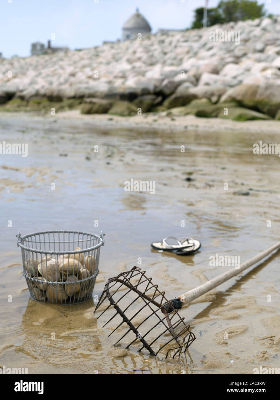 Flip Flops, Rechen und Eimer Muscheln im Meer bei Ebbe Stockfoto
