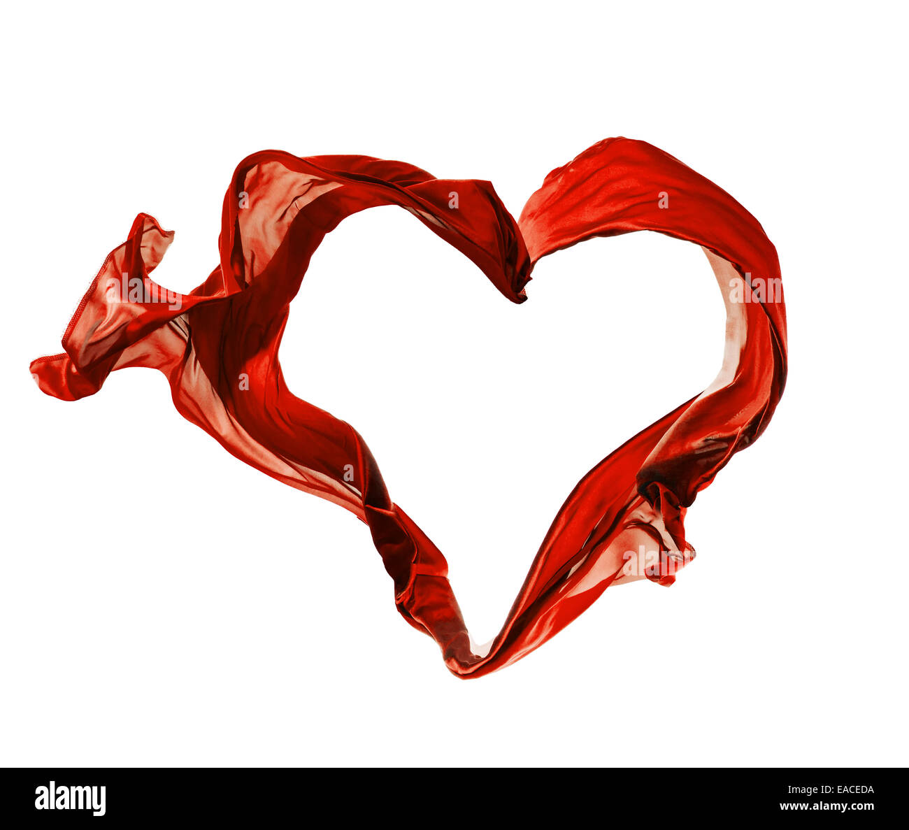 Vereinzelte Aufnahmen von frieren Bewegung der roten Satin in Herzform, isoliert auf weißem Hintergrund Stockfoto