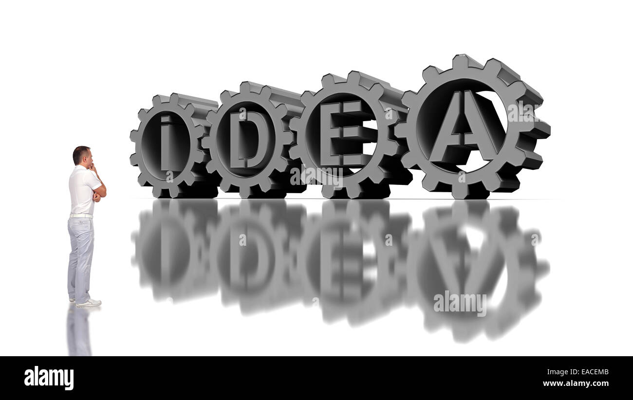 junger Geschäftsmann Blick auf großen silbernen Zahnräder mit Job-text Stockfoto