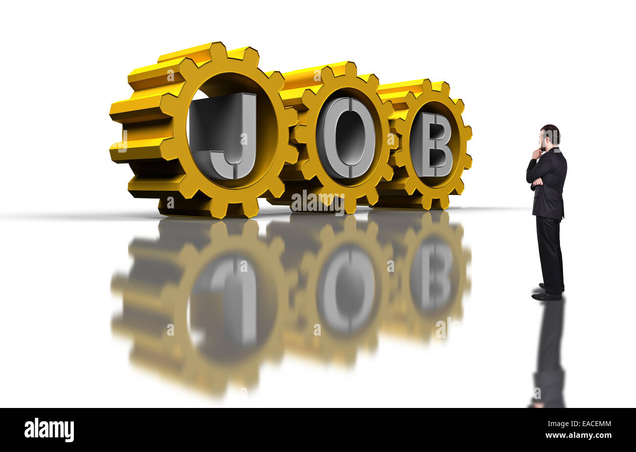 Geschäftsmann, die große goldene Zahnräder mit Silber Job Text betrachten Stockfoto