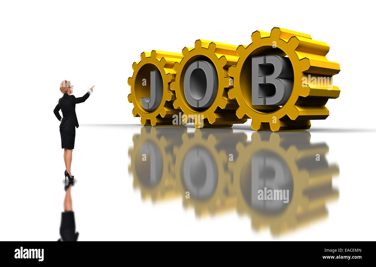 Geschäftsfrau, die auf große gold Zahnräder mit Silber Job text Stockfoto