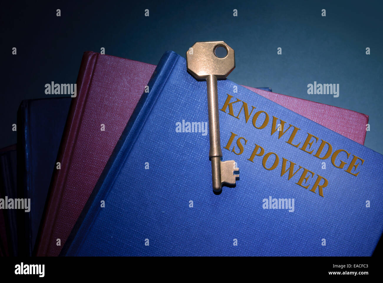Wissen ist macht mit goldener Schlüssel Stockfoto