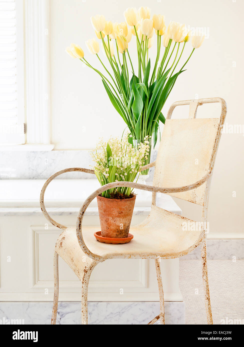 Bad-Stuhl mit Frühlingsblumen Stockfoto