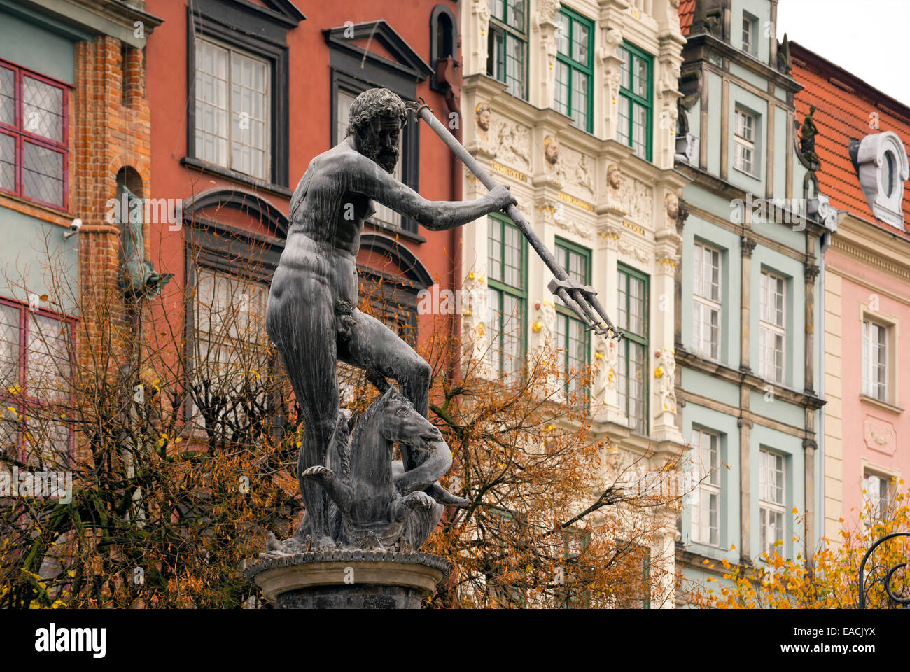 Wahrzeichen von Danzig - Neptun-Brunnen im historischen Stadtzentrum. Stockfoto
